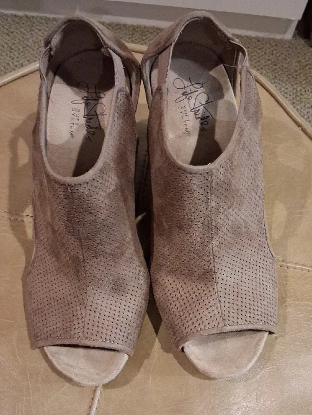 Life Stride Taupe Perforated Suede Peep-Toe Wedge Booties